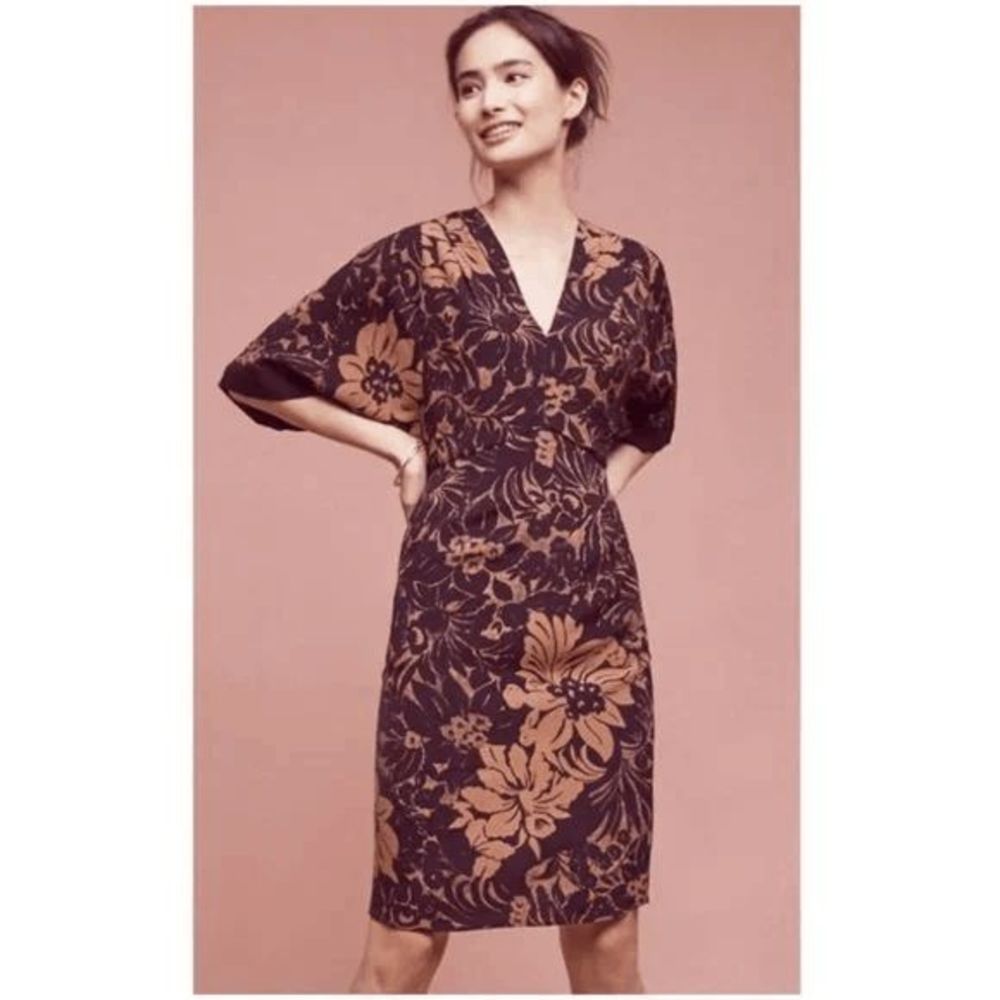 Anthropologie Black Dress with Tan Floral Print